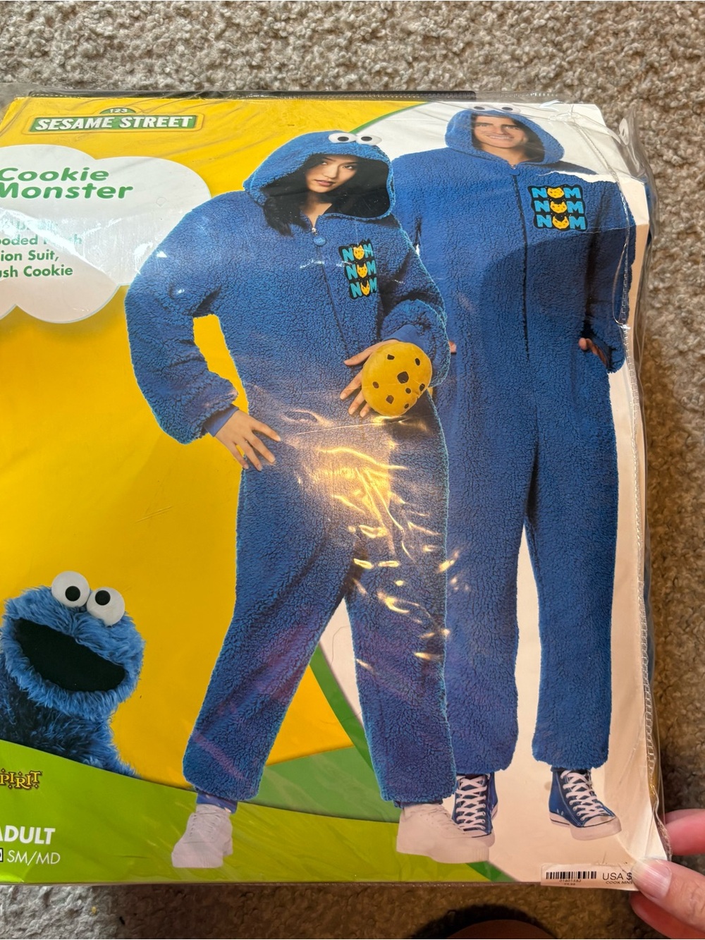 Sesame Street Cookie Monster Blue Plush Jumpsuit with Hood Costume Small Adult